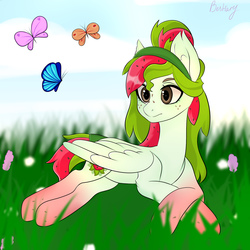 Size: 2000x2000 | Tagged: safe, artist:bestiary, oc, oc only, oc:watermelana, butterfly, pegasus, pony, cloud, flower, freckles, gradient hooves, grass, high res, lying down, sky, solo