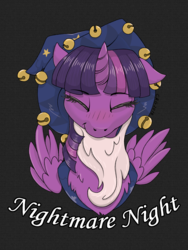 Size: 1536x2048 | Tagged: safe, artist:qzygugu, twilight sparkle, alicorn, pony, g4, blushing, clothes, costume, eyes closed, female, mare, nightmare night, nightmare night costume, solo, star swirl the bearded costume, twilight sparkle (alicorn)