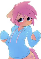 Size: 1665x2361 | Tagged: safe, artist:hoodie, fluttershy, semi-anthro, g4, arm hooves, blushing, butterscotch, clothes, female to male, femboy, hoodie, it's a trap, male, misleading thumbnail, rule 63, simple background, smiling, solo, sweater, transparent background, trap