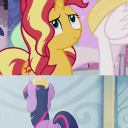 Size: 720x720 | Tagged: safe, edit, screencap, princess celestia, sunset shimmer, twilight sparkle, alicorn, pony, unicorn, equestria girls, equestria girls specials, g4, my little pony equestria girls: better together, my little pony equestria girls: forgotten friendship, my little pony: the movie, animated, comparison, crown, faic, female, grin, jewelry, nervous, nervous smile, regalia, smiling, twilight sparkle (alicorn)