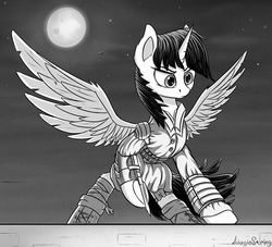 Size: 2200x2000 | Tagged: safe, artist:adagiostring, twilight sparkle, alicorn, pony, g4, assassin's creed, clothes, crossover, ear fluff, female, full moon, grayscale, high res, manga, mare, monochrome, moon, solo, spread wings, twilight sparkle (alicorn), wings