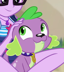 Size: 430x480 | Tagged: safe, screencap, sci-twi, spike, spike the regular dog, twilight sparkle, dog, equestria girls, equestria girls specials, g4, my little pony equestria girls: better together, my little pony equestria girls: forgotten friendship, cropped, cute, geode of telekinesis, magical geodes, male, offscreen character, out of context, petting, puppy, spikabetes