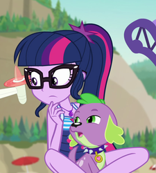 Size: 850x944 | Tagged: safe, screencap, sci-twi, spike, spike the regular dog, twilight sparkle, dog, equestria girls, equestria girls specials, g4, my little pony equestria girls: better together, my little pony equestria girls: forgotten friendship, clothes, cropped, female, geode of telekinesis, glasses, magical geodes, male, ponytail, sci-twi swimsuit, swimsuit