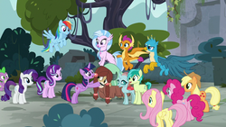 Size: 1280x720 | Tagged: safe, screencap, applejack, fluttershy, gallus, ocellus, pinkie pie, rainbow dash, rarity, sandbar, silverstream, smolder, spike, starlight glimmer, twilight sparkle, yona, alicorn, changedling, changeling, classical hippogriff, dragon, earth pony, griffon, hippogriff, pegasus, pony, unicorn, yak, g4, school daze, bow, claws, cloven hooves, colored hooves, cowboy hat, cutie mark, dragoness, female, flying, hat, jewelry, male, mane six, mare, necklace, paws, student six, teenager, twilight sparkle (alicorn), wings