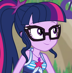 Size: 617x631 | Tagged: safe, screencap, sci-twi, twilight sparkle, equestria girls, equestria girls series, forgotten friendship, g4, clothes, cropped, cute, female, geode of telekinesis, glasses, happy, magical geodes, ponytail, smiling, solo, swimsuit, twiabetes