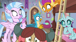 Size: 1920x1080 | Tagged: safe, screencap, gallus, ocellus, silverstream, smolder, yona, changedling, changeling, classical hippogriff, dragon, griffon, hippogriff, yak, g4, school raze, bunk bed, dormitory, dragoness, female, ladder, male, open mouth, shocked, wide eyes