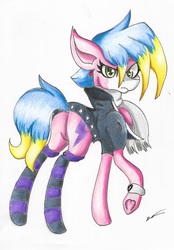 Size: 1537x2209 | Tagged: safe, artist:luxiwind, oc, oc only, oc:korin, earth pony, pony, clothes, female, jacket, mare, socks, solo, striped socks, traditional art