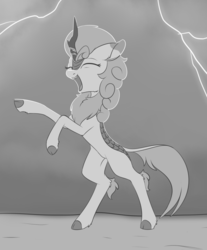 Size: 1220x1472 | Tagged: safe, artist:dusthiel, autumn blaze, kirin, g4, sounds of silence, eyes closed, female, grayscale, lightning, monochrome, open mouth, quadrupedal, rearing, solo