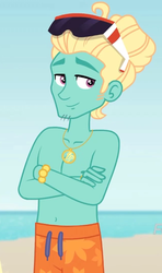 Size: 425x720 | Tagged: safe, screencap, zephyr breeze, human, blue crushed, equestria girls, equestria girls series, g4, clothes, cropped, crossed arms, male, male nipples, nipples, partial nudity, shorts, smiling, solo, sunglasses, swimming trunks, topless, zephyr's necklace