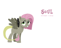 Size: 2500x2000 | Tagged: safe, artist:sugarstraw, derpibooru exclusive, oc, oc only, oc:soul (sugarstraw), hybrid, pegasus, pony, blank flank, female, grin, high res, hooves, interspecies offspring, lineless, mare, offspring, parent:discord, parent:fluttershy, parents:discoshy, simple background, smiling, solo, spread wings, text, transparent background, wings