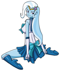 Size: 2530x3000 | Tagged: safe, artist:artemis-polara, trixie, equestria girls, g4, beautiful, boots, clothes, clothes swap, costume, female, high heel boots, high res, jewelry, pleated skirt, ribbon, sailor moon (series), sailor senshi, shoes, simple background, sitting, skirt, smiling, solo, tiara, transparent background