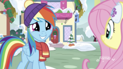 Size: 1334x750 | Tagged: safe, screencap, fluttershy, rainbow dash, pegasus, pony, g4, my little pony best gift ever, clothes, cute, dashabetes, female, hat, mare, scarf, smiling, winter outfit