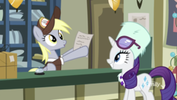 Size: 1334x750 | Tagged: safe, screencap, derpy hooves, rarity, pegasus, pony, unicorn, best gift ever, g4, clothes, female, glasses, hat, mailmare, mailmare hat, mailpony, mare, post office, scarf, smiling, winter outfit