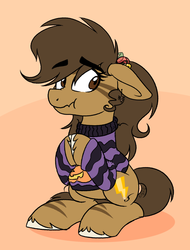 Size: 1520x2000 | Tagged: safe, artist:binkyt11, derpibooru exclusive, oc, oc only, oc:binky, earth pony, hybrid, pony, zony, christmas, clothes, female, halloween, holiday, looking back, mare, scrunchy face, sitting, solo, sweater, ugly sweater, unshorn fetlocks