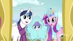 Size: 1334x750 | Tagged: safe, screencap, princess cadance, princess flurry heart, shining armor, alicorn, pony, unicorn, g4, my little pony best gift ever, baby, baby pony, clothes, cute, cutedance, family, father and daughter, female, filly, flurrybetes, husband and wife, magic, male, mare, married couple, mother and daughter, scarf, shining adorable, smiling, stallion, star flurry heart, winter outfit
