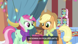 Size: 1334x750 | Tagged: safe, screencap, applejack, holly the hearths warmer doll, minty bubblegum, earth pony, pony, unicorn, best gift ever, g4, clothes, duo, female, gumball machine, hat, mare, scarf, shopping bag, winter outfit