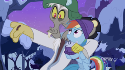 Size: 1334x750 | Tagged: safe, screencap, discord, rainbow dash, draconequus, pegasus, pony, winterchilla, g4, my little pony best gift ever, clothes, cute, dashabetes, discovery family logo, discute, female, forest, hat, holding a pony, male, mare, night, snow, tree, winter outfit, x x everywhere