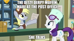 Size: 889x499 | Tagged: safe, edit, edited screencap, screencap, derpy hooves, rarity, pegasus, pony, unicorn, g4, my little pony best gift ever, clothes, duo, female, glasses, hat, mailmare hat, mare, meme, post office, winter outfit