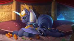 Size: 1920x1080 | Tagged: safe, artist:discordthege, princess luna, alicorn, pony, g4, alternate hairstyle, arabic, bed, bedroom eyes, butt, egyptian, female, frog (hoof), glowing horn, hieroglyphics, horn, lidded eyes, looking at you, looking back, lunambula, lying, mare, moonbutt, music notes, plot, prone, s1 luna, solo, underhoof, white lotus tile, wingding eyes
