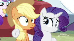 Size: 1334x750 | Tagged: safe, screencap, applejack, princess cadance, rarity, earth pony, pony, unicorn, best gift ever, g4, cute, discovery family logo, duo focus, female, jackabetes, mare, raribetes, shipping fuel