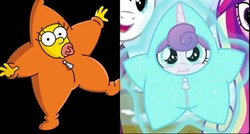 Size: 707x380 | Tagged: safe, edit, edited screencap, screencap, princess cadance, princess flurry heart, shining armor, alicorn, pony, best gift ever, g4, clothes, maggie simpson, male, simpsons did it, star flurry heart, star maggie, the simpsons, winter outfit