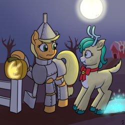 Size: 1280x1280 | Tagged: safe, artist:mkogwheel, alice the reindeer, applejack, deer, earth pony, pony, reindeer, best gift ever, g4, christmas, cloven hooves, colored hooves, female, halloween, hearth's warming, holiday, jack-o-lantern, mare, moon, night, nightmare night, pumpkin, snow, that was fast, the wizard of oz, tin man