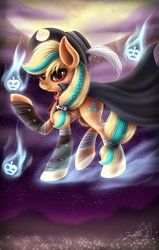 Size: 2606x4095 | Tagged: safe, artist:hoodiefoxy, applejack, earth pony, ghost, pony, g4, cape, city, clothes, cowboy hat, cross, female, floating, full moon, hat, lights, looking at you, magic, mare, moon, multicolored hair, multicolored mane, necromancer, red eyes, smiling, solo, spirit, stetson