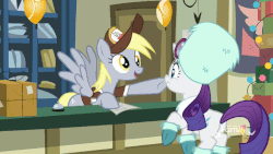 Size: 600x338 | Tagged: safe, screencap, derpy hooves, rarity, pegasus, pony, unicorn, g4, my little pony best gift ever, animated, boop, butt, clothes, duo, female, gif, hat, mare, noseboop, plot, post office, socks, uniform, winter outfit