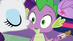 Size: 1280x720 | Tagged: safe, screencap, rarity, spike, dragon, pony, unicorn, best gift ever, g4, cheek kiss, cute, duo, female, kissing, male, mare, ship:sparity, shipping, shipping fuel, spikabetes, straight, winged spike, wings
