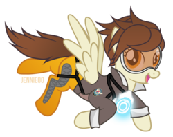 Size: 4000x3169 | Tagged: safe, artist:jennieoo, pegasus, pony, g4, clothes, costume, female, flying, mare, open mouth, overwatch, ponified, show accurate, simple background, solo, tracer, transparent background, vector