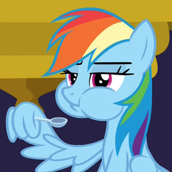 Size: 835x832 | Tagged: safe, screencap, rainbow dash, pegasus, pony, best gift ever, g4, :t, aweeg*, chubby cheeks, cropped, cute, dashabetes, eating, feather fingers, female, frown, lidded eyes, mare, puffy cheeks, sitting, solo, spoon, wing hands, wings