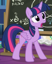 Size: 606x738 | Tagged: safe, screencap, twilight sparkle, alicorn, pony, g4, my little pony best gift ever, book, chalkboard, cropped, female, mare, open mouth, solo, twilight sparkle (alicorn)