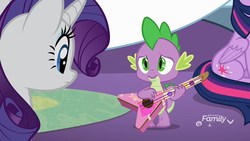 Size: 1280x720 | Tagged: safe, screencap, rarity, spike, dragon, pony, best gift ever, g4, female, guitar, male, mare, shipping fuel, winged spike, wings