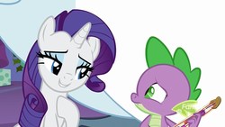 Size: 1280x720 | Tagged: safe, screencap, rarity, spike, dragon, pony, unicorn, best gift ever, g4, female, hoof on chest, male, mare, shipping fuel, winged spike, wings