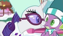 Size: 1280x720 | Tagged: safe, screencap, rarity, spike, dragon, pony, unicorn, g4, my little pony best gift ever, boop, clothes, duo, female, glasses, hat, male, mare, noseboop, scarf, striped scarf, winged spike, wings, winter outfit