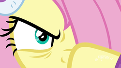 Size: 1920x1080 | Tagged: safe, screencap, fluttershy, pegasus, pony, g4, my little pony best gift ever, angry, badass, close-up, clothes, evil eye, female, flutterbadass, hair over one eye, mare, narrowed eyes, solo, winter outfit, you are already dead, you dun goofed, you're fucked