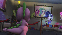 Size: 1920x1080 | Tagged: safe, discord, princess ember, rarity, spike, starlight glimmer, thorax, trixie, changedling, changeling, g4, 3d, animated, bookshelf, clothes, couch, disguise, disguised changeling, fireplace, hearth's warming tree, king thorax, no sound, present, socks, source filmmaker, striped socks, tree, webm