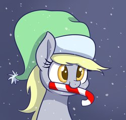 Size: 1604x1530 | Tagged: safe, artist:heir-of-rick, derpy hooves, pony, g4, bust, candy, candy cane, cute, elf hat, female, food, hat, mare, mouth hold, snow, snowfall, solo