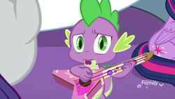 Size: 960x540 | Tagged: safe, screencap, rarity, spike, twilight sparkle, alicorn, dragon, pony, winterchilla, winterzilla, g4, my little pony best gift ever, guitar, i'm not gifted at gifting, male, singing, solo focus, twilight sparkle (alicorn), winged spike, wings