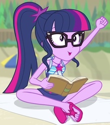 Size: 567x648 | Tagged: safe, screencap, sci-twi, twilight sparkle, equestria girls, equestria girls series, forgotten friendship, g4, book, clothes, cropped, cute, feet, female, flip-flops, geode of telekinesis, glasses, go sports, legs, magical geodes, sandals, sci-twi swimsuit, solo, swimsuit, twiabetes