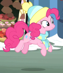 Size: 862x1003 | Tagged: safe, screencap, pinkie pie, earth pony, pony, g4, my little pony best gift ever, bouncing, clothes, cropped, cute, diapinkes, female, hat, mare, pronking, scarf, shadow, snow, solo, winter outfit