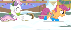 Size: 1669x716 | Tagged: safe, screencap, scootaloo, sweetie belle, pegasus, pony, unicorn, g4, my little pony best gift ever, clothes, cute, cutealoo, diasweetes, duo, earmuffs, female, filly, foal, scarf, sleigh, snow, winter outfit