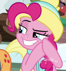 Size: 1002x1070 | Tagged: safe, screencap, applejack, pinkie pie, pony, g4, my little pony best gift ever, clothes, cropped, discovery family logo, faic, female, grin, hat, hooves together, just as planned, mare, rubbing hooves, scarf, smiling, solo focus, winter outfit