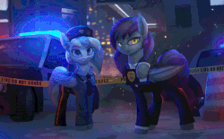 Size: 728x450 | Tagged: safe, artist:rodrigues404, oc, oc only, oc:falling skies, oc:umbra tempestas, bat pony, pegasus, pony, animated, badge, bat pony oc, car, cinemagraph, duo, female, looking at you, mare, police, police car, police officer, police pony