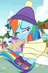Size: 700x1052 | Tagged: safe, screencap, amethyst star, rainbow dash, roseluck, sparkler, pony, g4, my little pony best gift ever, checklist, clothes, female, hat, mare, rainbow dash is not amused, scroll, solo focus, tangled up, unamused, winter outfit