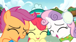 Size: 1920x1080 | Tagged: safe, screencap, apple bloom, scootaloo, sweetie belle, earth pony, pony, g4, my little pony best gift ever, adorabloom, clothes, cute, cutealoo, cutie mark crusaders, diasweetes, earmuffs, eyes closed, female, filly, foal, hat, snow, trio, winter outfit
