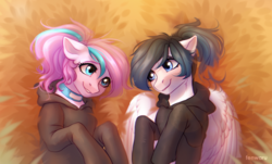 Size: 2456x1481 | Tagged: safe, artist:fenwaru, oc, oc only, oc:ice energy, oc:panda shade, earth pony, pegasus, pony, clothes, collar, cute, duo, femboy, hoodie, looking at each other, lying in grass, male, ship:shadenergy, ych result