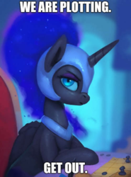 Size: 1080x1456 | Tagged: safe, artist:rodrigues404, edit, editor:apex soundwave, nightmare moon, alicorn, pony, g4, armor, caption, cute, female, image macro, impact font, looking at you, mare, plotting, scowl, solo, text