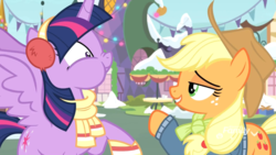 Size: 1920x1080 | Tagged: safe, screencap, applejack, twilight sparkle, alicorn, pony, g4, my little pony best gift ever, clothes, duo, earmuffs, female, mare, nose wrinkle, puffy cheeks, scarf, snow, spread wings, twilight sparkle (alicorn), wings, winter outfit