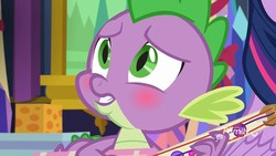 Size: 1280x720 | Tagged: safe, screencap, spike, dragon, g4, my little pony best gift ever, blushing, cute, male, solo, spikabetes, winged spike, wings